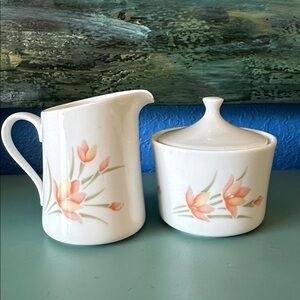 Corelle Peach Floral Creamer and Covered  Sugar Pot, part of the Occasions Line